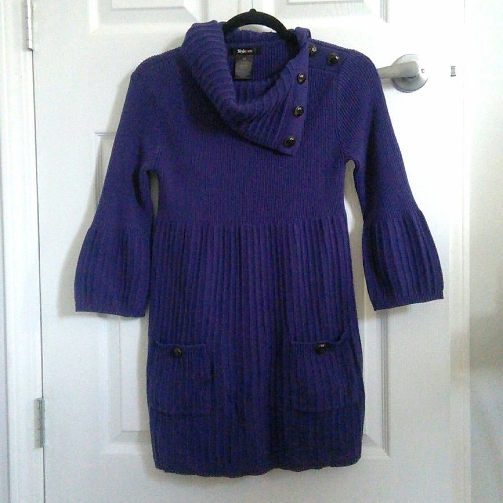 Violet Cowl Neck Bell Sleeve Sweater / Sweaterdres w Pocket and Gorgeous Buttons